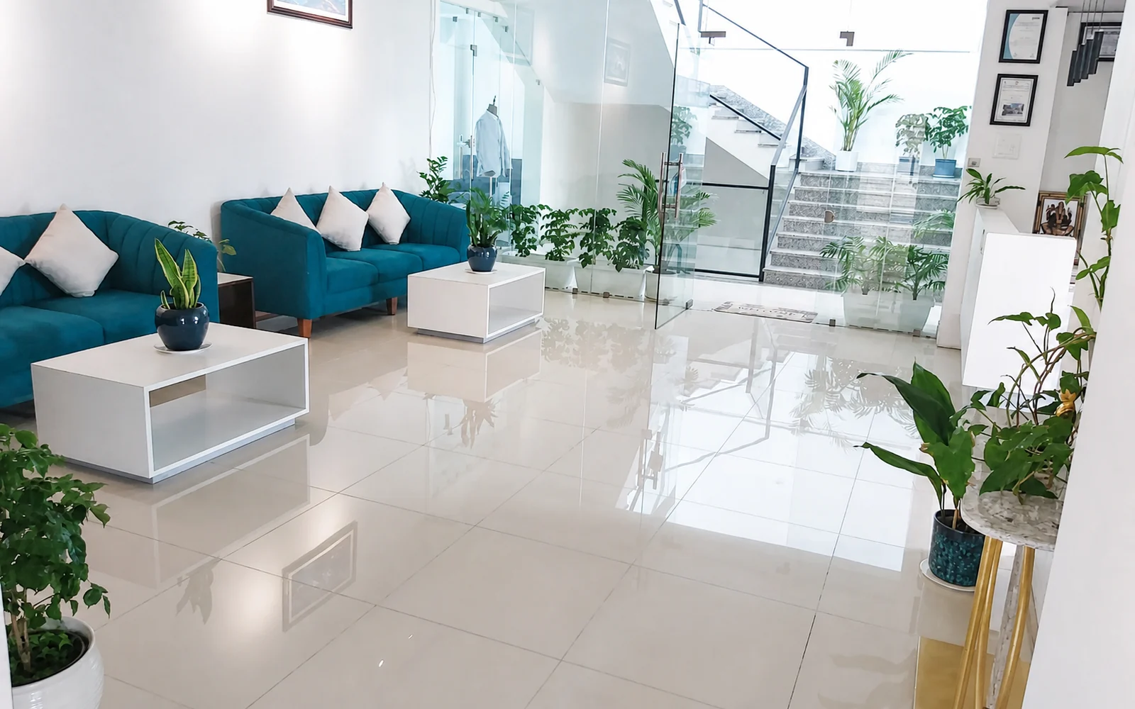 Bright patient waiting lounge at Smile Arc Dental Clinic in Lalitpur