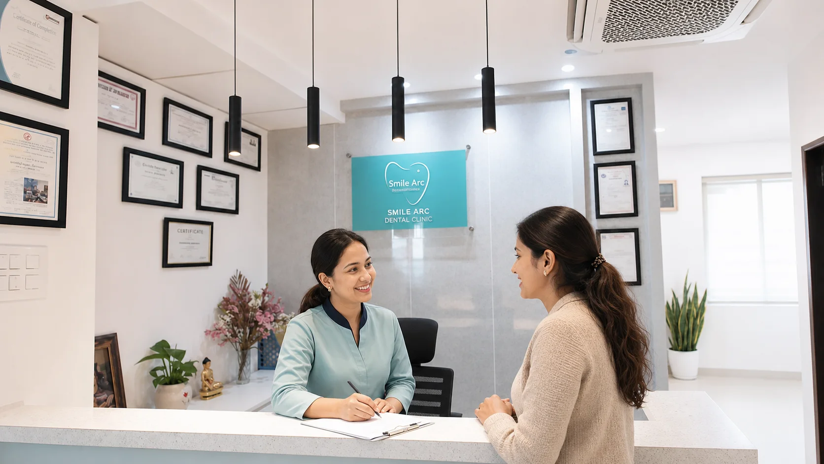 Dentist welcoming a patient at Smile Arc Dental Clinic in Lalitpur