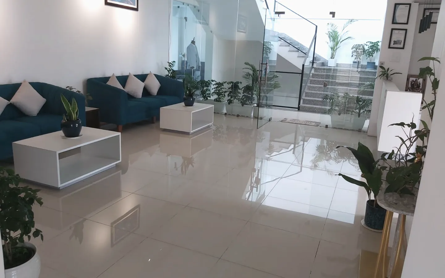 Calm patient waiting lounge at Smile Arc Dental Clinic in Lalitpur